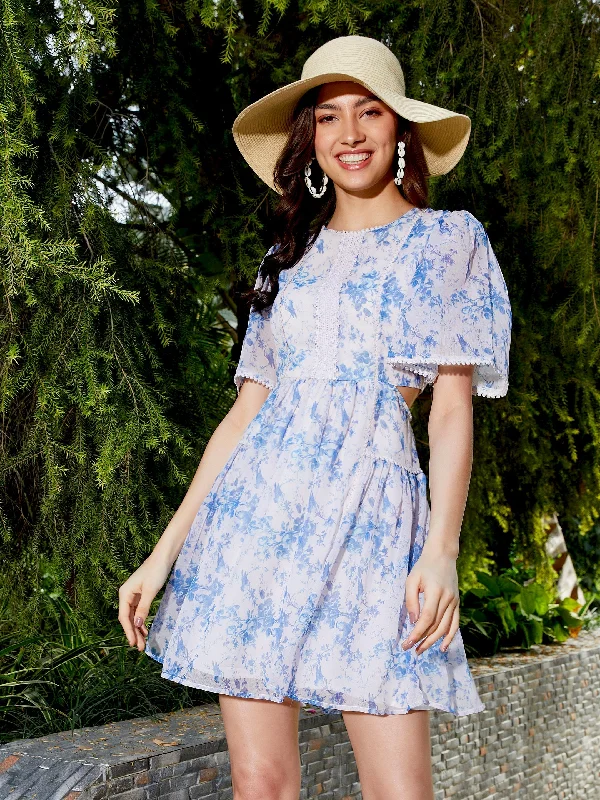 Women Blue Floral Waist Cut Out Skater Dress Tunics Running lightweight