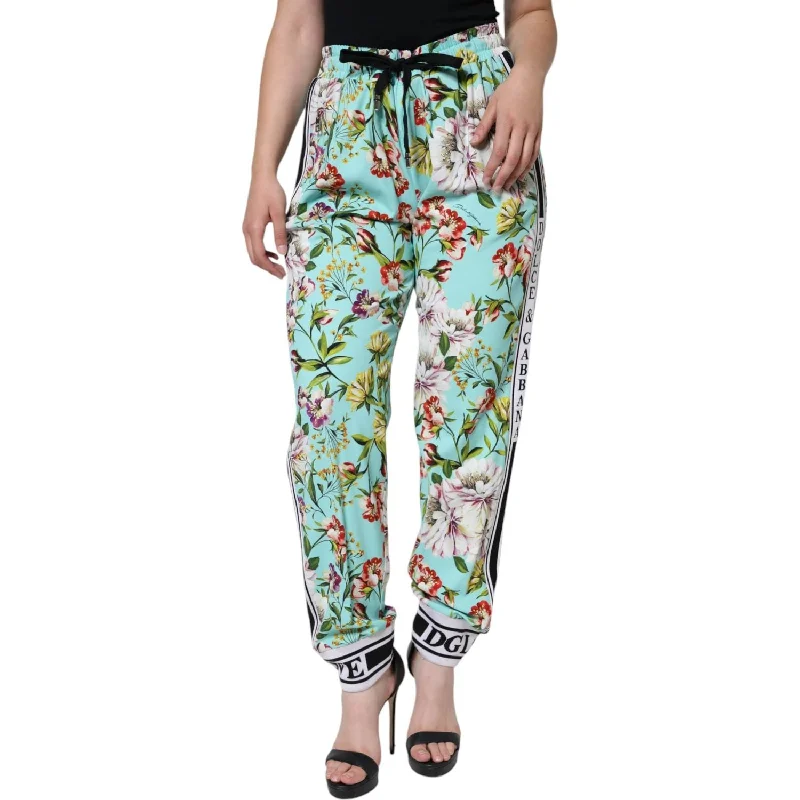 Dolce & Gabbana Green Floral Mid Waist Jogger Women Pants Soft Cotton Pants