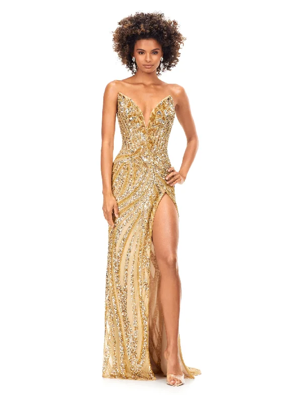 Ashley Lauren 11236 Size 2,4,6 Gold Prom Dress Long Fitted V Neck Slit Beaded Sequin Pageant Gown Tunics Polka dots Ashley Lauren 11236 Size 2,4,6 Gold Prom Dress Long Fitted V Neck Slit Beaded Sequin Pageant Gown Tunics Polka dots
