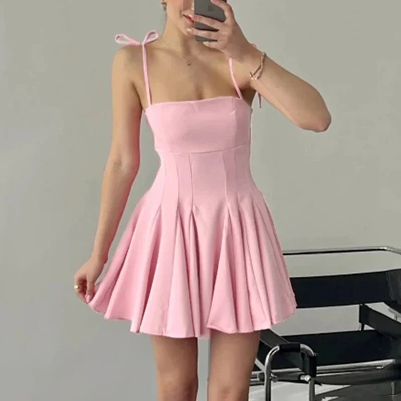 Bonnyshow Folds Mini Suspender Dress For Women Lace Up Sleeveless Birthday Club Party Dress Solid Patchwork Female Elegant Summer Tunics Print Colorful Bonnyshow Folds Mini Suspender Dress For Women Lace Up Sleeveless Birthday Club Party Dress Solid Patchwork Female Elegant Summer Tunics Print Colorful