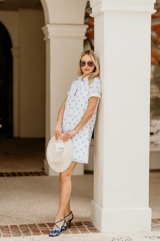 Tracy Dress in White with Blue Dot Pattern Tunics Cozy comfortable