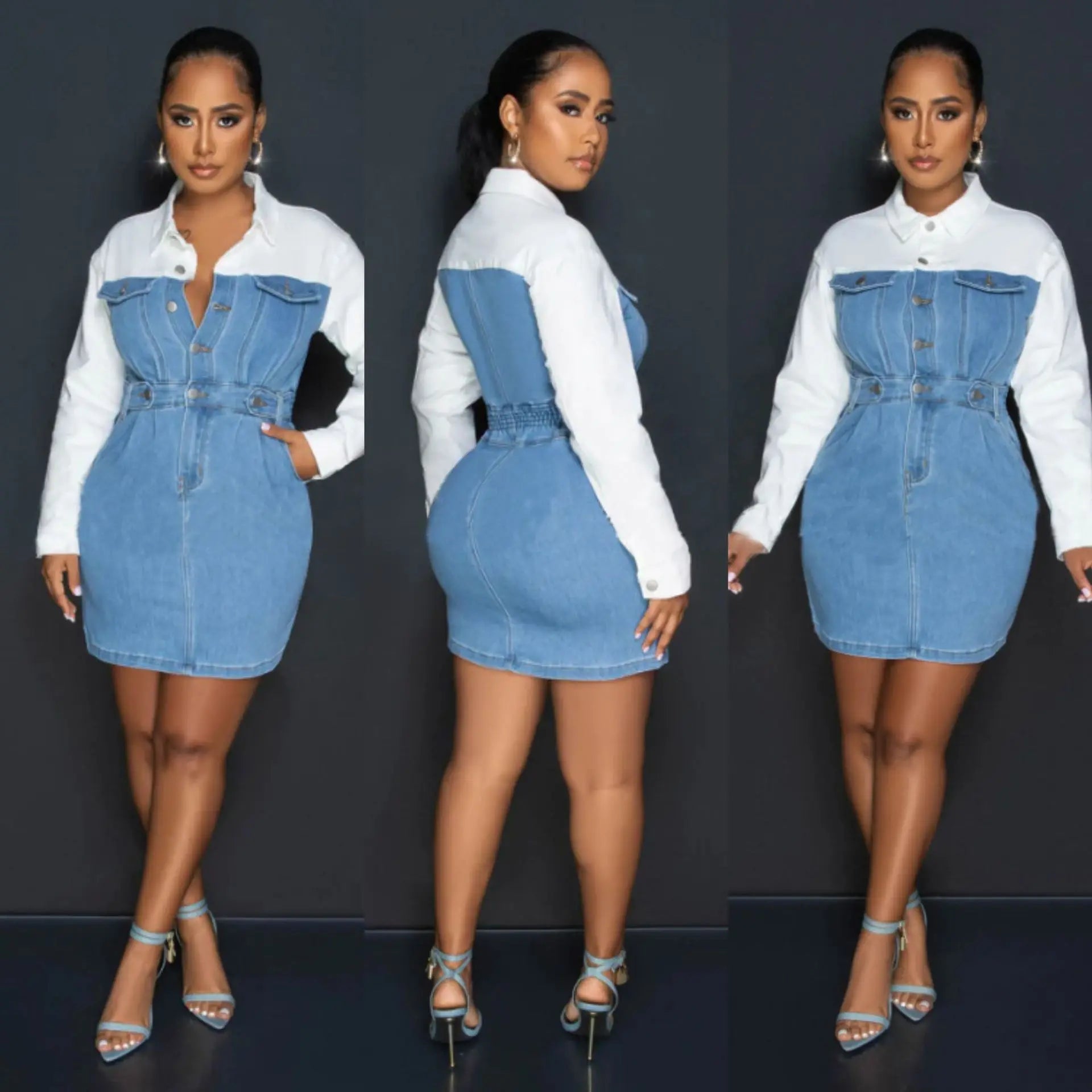 Women Denim Patchwork Skirt Single Breasted Turn-down Collar Shirt Style Bodycon Midi Dress 2023 Autumn Party Dresses Outfits Tunics Business professional