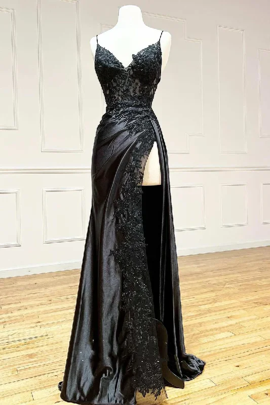 Sexy Black Spaghetti Straps Appliques Sheath Long Party Dress with Slit MD7273 Tunics Cozy comfortable Sexy Black Spaghetti Straps Appliques Sheath Long Party Dress with Slit MD7273 Tunics Cozy comfortable