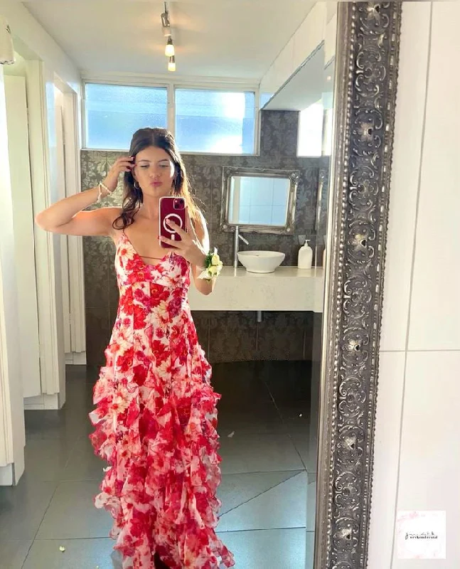 Red V Neck Straps Floral Printed Sheath Long Party Dress Wedding Guest Dress, D443 Tunics Brand named Red V Neck Straps Floral Printed Sheath Long Party Dress Wedding Guest Dress, D443 Tunics Brand named