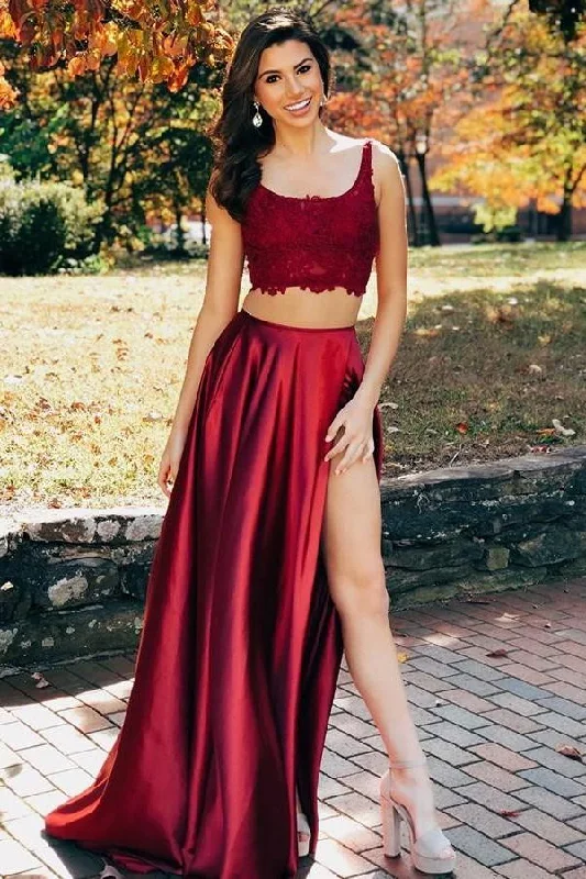 Simple Two Pieces Long Prom Dress Party Dress For Teens Tunics Canvas sturdy