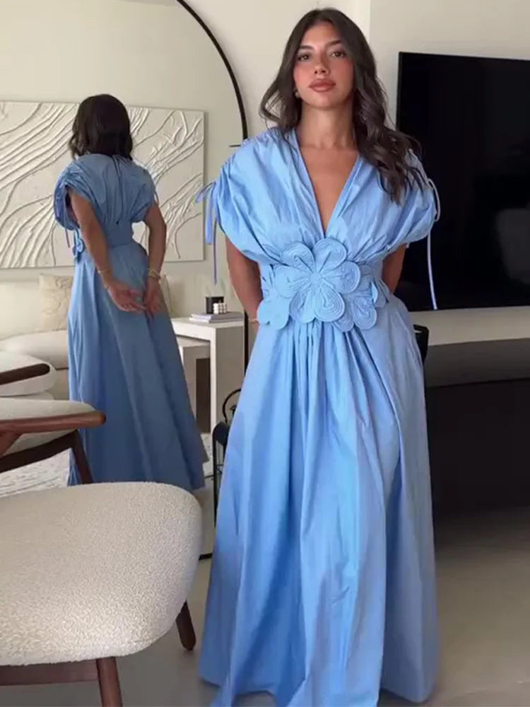Bonnyshow Summer Elegant Blue Long Dresses Women 2024 New Luxury 3D Flower High Waisted Pleated Party Dress Fashion Ladies Street Robe Halter Neckline Beach Bonnyshow Summer Elegant Blue Long Dresses Women 2024 New Luxury 3D Flower High Waisted Pleated Party Dress Fashion Ladies Street Robe Halter Neckline Beach