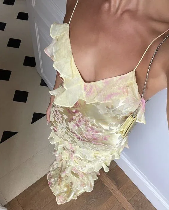 Yellow Straps Ruffles Sheath Long Party Dress Birthday Outfits MD7402 Tunics Modern contemporary