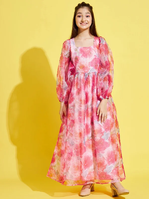 Girl's Peach Polyester Printed Dress - Cherry & Jerry Tunics Fashionable chic