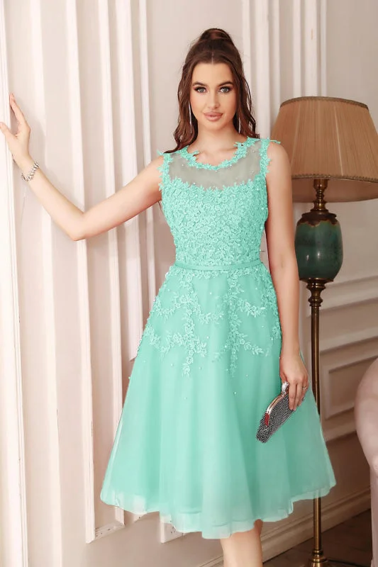 Jewel Neck Tulle Lace Tea Length Party Dress Sleeveless Short Homecoming Dress Shift Classic Vintage