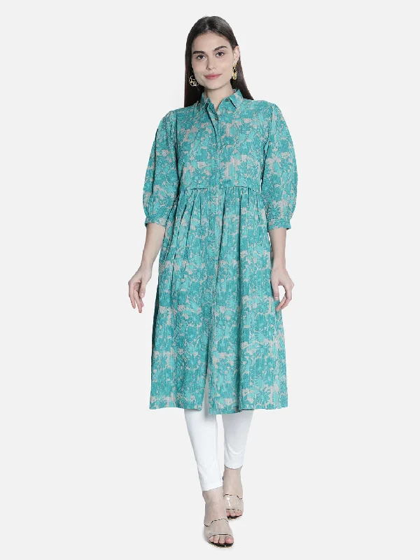 Women Printed Green Long Dress Tunics Handmade artisanal
