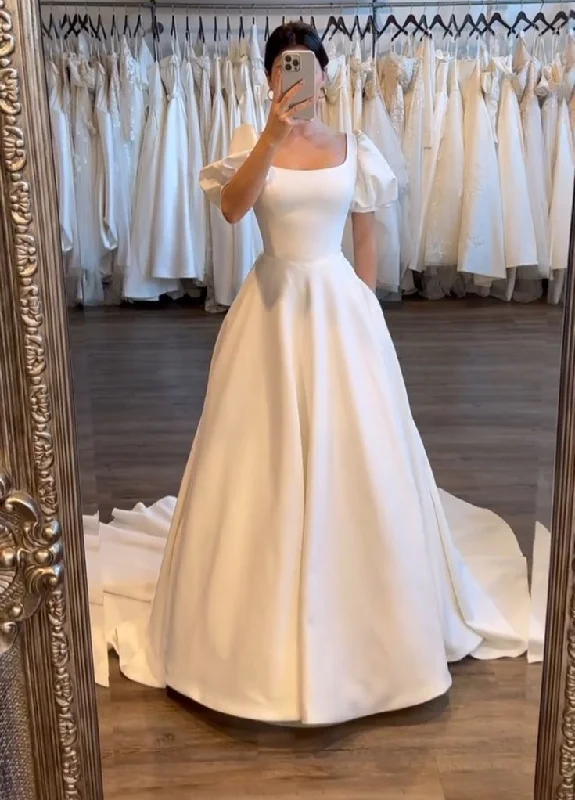 White A-Line Short Sleeves Satin Long Party Dress Wedding Dress MD7462 Off-the-shoulder Bohemian Festive White A-Line Short Sleeves Satin Long Party Dress Wedding Dress MD7462 Off-the-shoulder Bohemian Festive