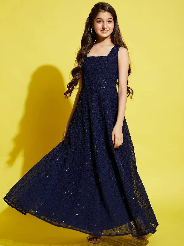 Girl's Navy Blue Georgette Embroidered Dress - Cherry & Jerry Tunics Silk luxurious