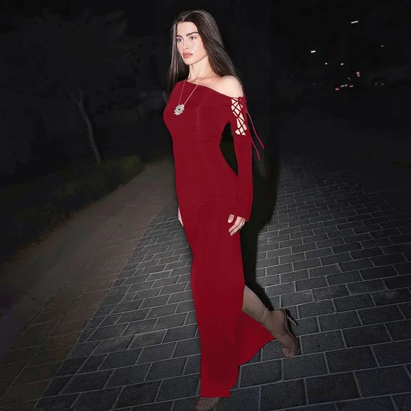Bonnyshow Autumn Winter Maxi Dress for Women Elegant Off The Shoulder Slim Evening Party Dresses Red Bandage Christmas Outfits 2024 Tunics Trousers formal Bonnyshow Autumn Winter Maxi Dress for Women Elegant Off The Shoulder Slim Evening Party Dresses Red Bandage Christmas Outfits 2024 Tunics Trousers formal