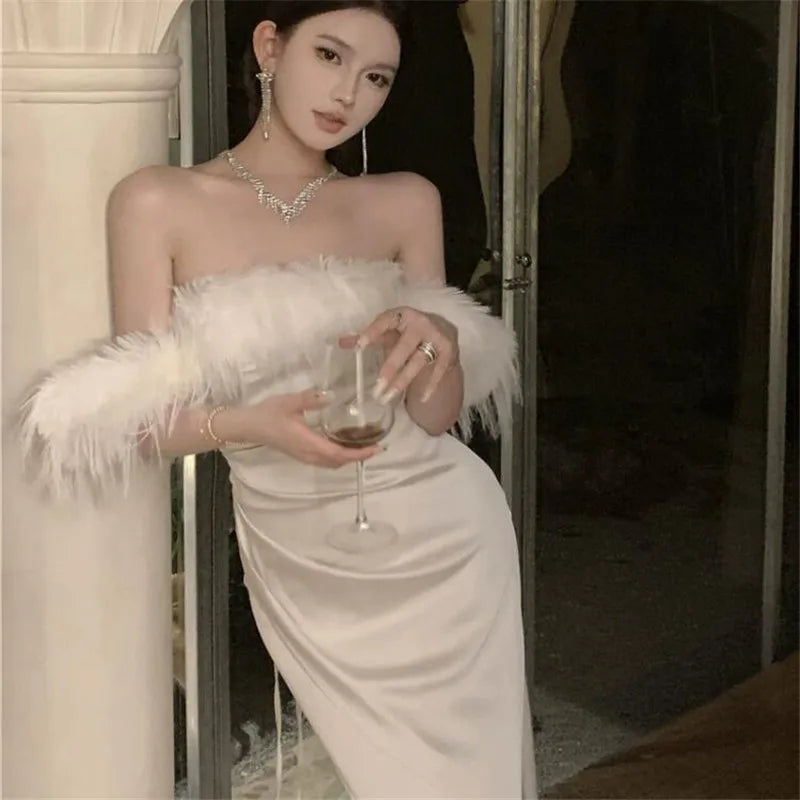 Bonnyshow Celebrity Fashion Off Shoulder White Birthday Dress Elegant Lace Up Back Feather Fur Slash Neck Strapless Evening Party Dress Tunics Exclusive limited Bonnyshow Celebrity Fashion Off Shoulder White Birthday Dress Elegant Lace Up Back Feather Fur Slash Neck Strapless Evening Party Dress Tunics Exclusive limited