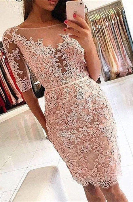 Elegant Half-Sleeve Homecoming Dress | Short Party Dress With Lace Appliques Pleated Skirt Elegant