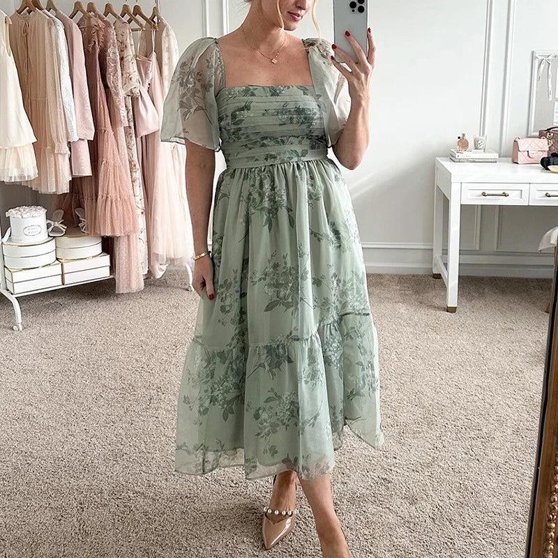 Bonnyshow Summer Square Neck Puff Sleeve A-line Dress Elegant Floral Print High Waist Party Dress Sexy Temperament Holiday Pleated Dresses Tunics Yoga stretchy Bonnyshow Summer Square Neck Puff Sleeve A-line Dress Elegant Floral Print High Waist Party Dress Sexy Temperament Holiday Pleated Dresses Tunics Yoga stretchy