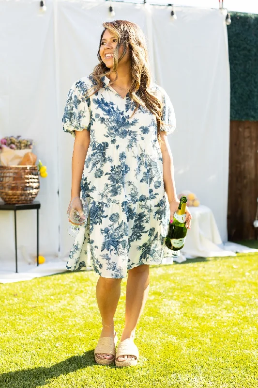 Blue and Ivory Floral Dress Tunics Stylish elegant