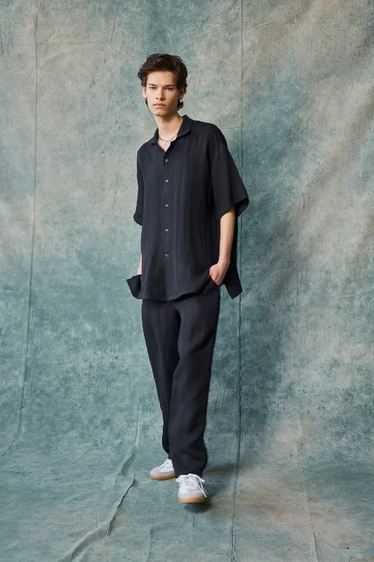 Gender-Neutral Column Pant (Black Linen) Chic Wool Trousers