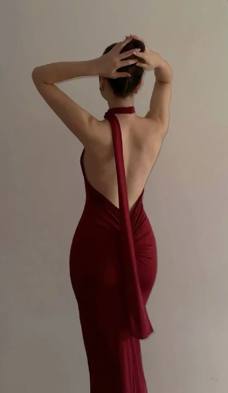 Wine Red Halter Backless Sexy Mermaid Long Evening Party Dress MD7601 Tunics Polka dots Wine Red Halter Backless Sexy Mermaid Long Evening Party Dress MD7601 Tunics Polka dots