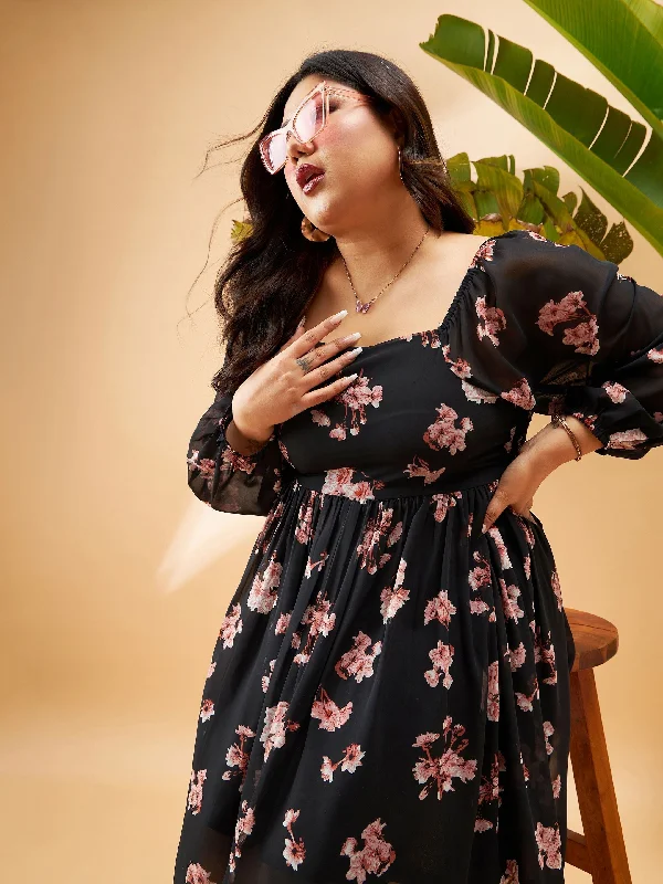 Women Black Floral Print Back Smocking Detail Skater Dress Tunics Leisure comfortable