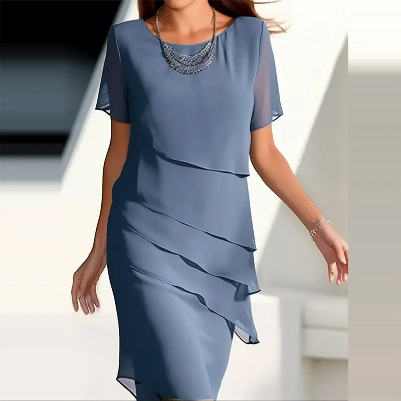 Bonnyshow New Women's Tierred A Line Dress Elegant Lady Patchwork Chiffon O Neck Short Sleeve Dress Fashion Sexy Female Casual Party Dress Tunics Silk luxurious Bonnyshow New Women's Tierred A Line Dress Elegant Lady Patchwork Chiffon O Neck Short Sleeve Dress Fashion Sexy Female Casual Party Dress Tunics Silk luxurious