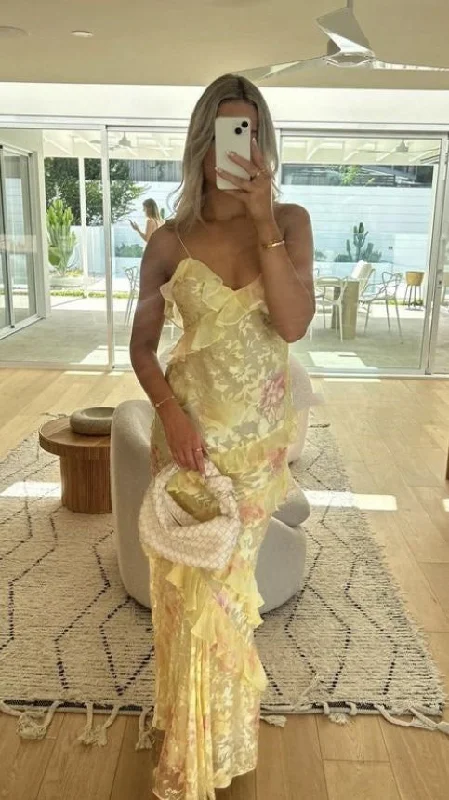 Yellow Straps Floral Printed Sheath Long Party Dress Wedding Guest Dress, D442 Tunics Fall fleece Yellow Straps Floral Printed Sheath Long Party Dress Wedding Guest Dress, D442 Tunics Fall fleece