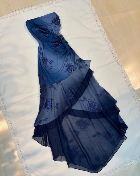 Vintage Navy Strapless Ruffles Chiffon Long Party Dress Evening Gown, D66 Sequined Elegant Party Vintage Navy Strapless Ruffles Chiffon Long Party Dress Evening Gown, D66 Sequined Elegant Party