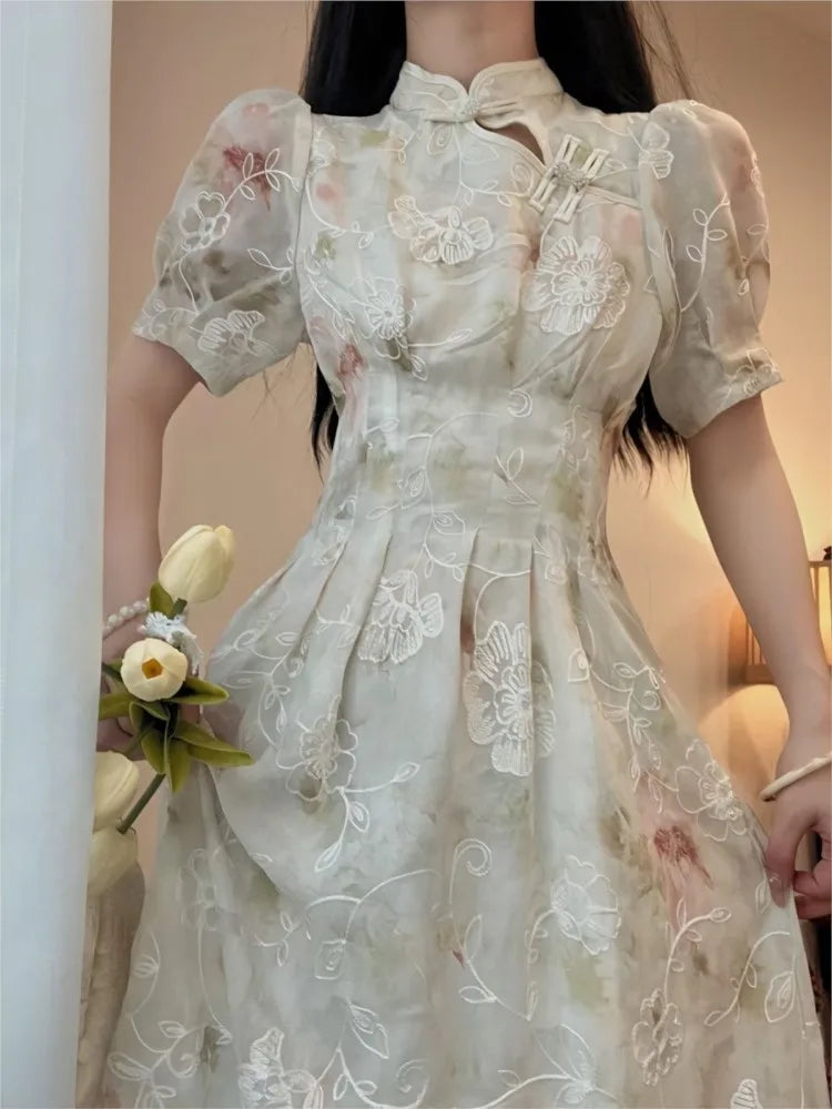 Bonnyshow Summer Chinese Style Cheongsam Puff Short Sleeve Korean Print Lace Midi Dress Floral Elegant Evening Party Dress Tunics stripes playful Bonnyshow Summer Chinese Style Cheongsam Puff Short Sleeve Korean Print Lace Midi Dress Floral Elegant Evening Party Dress Tunics stripes playful