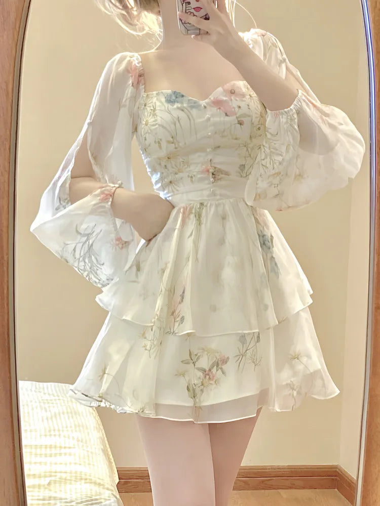 French Elegant Floral Mini Dress Chiffon Long Sleeve Evening Party Dress Women Holiday Beach Boho Fairy Dress Korean 2023 Robes Tunics Hiking breathable