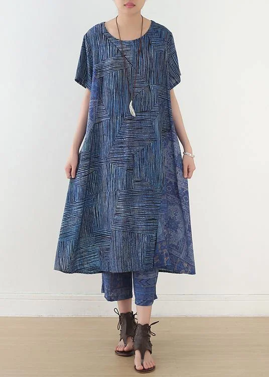 National style blue two-piece dress summer new women's and nine pants wide leg pants Fashionable Sporty Pants National style blue two-piece dress summer new women's and nine pants wide leg pants Fashionable Sporty Pants