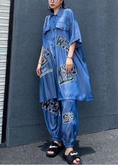 Lightweight and cool summer blue suit women fashion  short sleeve + pants two-pieces Casual Skinny Fit Pants