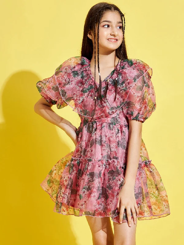 Girl's Peach Polyester Printed Dress - Cherry & Jerry Pencil Office Professional