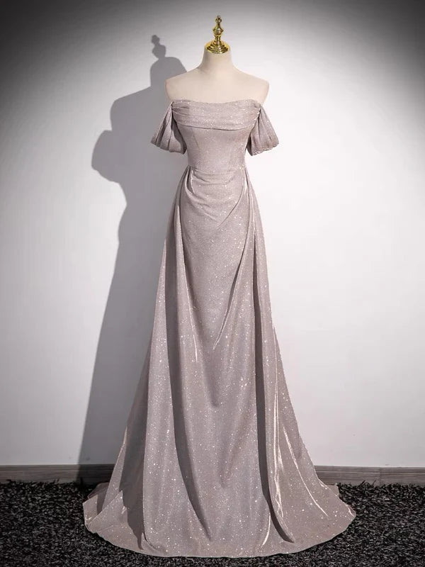 Shiny Off The Shoulder A-Line Long Prom Dress Formal Party Dress MD7675 Turtleneck Neckline Stylish