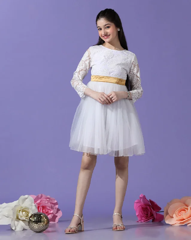 Girl's White Polyester Self Design Dress - Cherry & Jerry Square Neckline Feminine