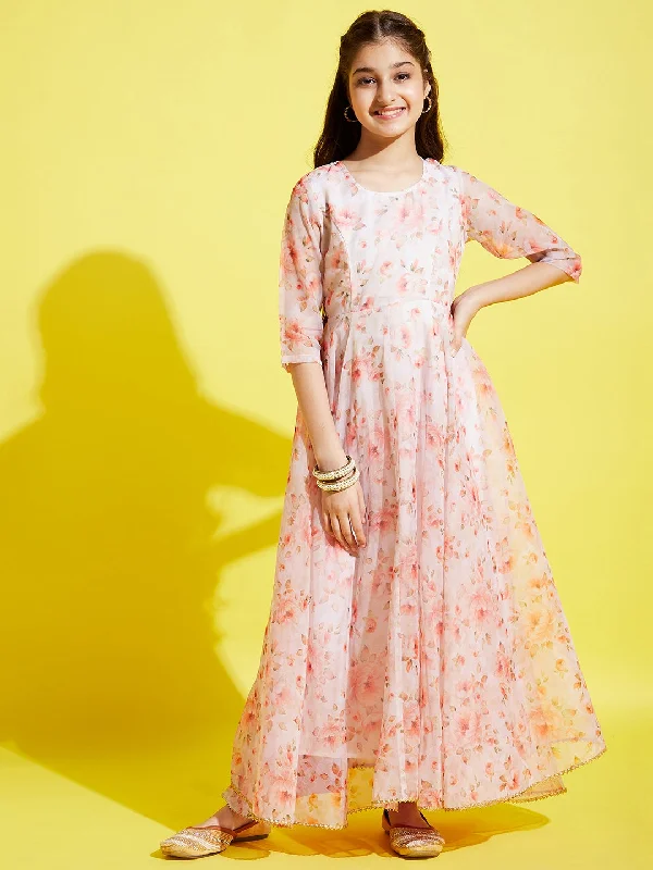 Girl's Peach Polyester Printed Dress - Cherry & Jerry Tunics Lace romantic