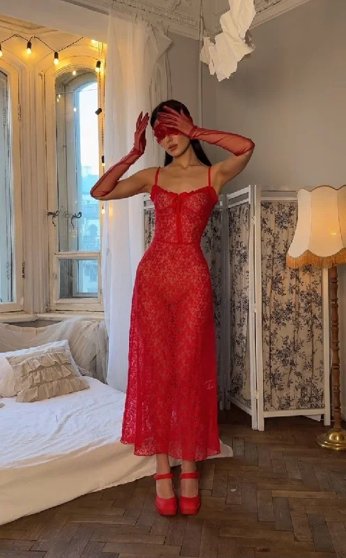 Sexy Red paghetti Straps A-Line Lace Long Party Dress, D13 Tunics Cozy soft