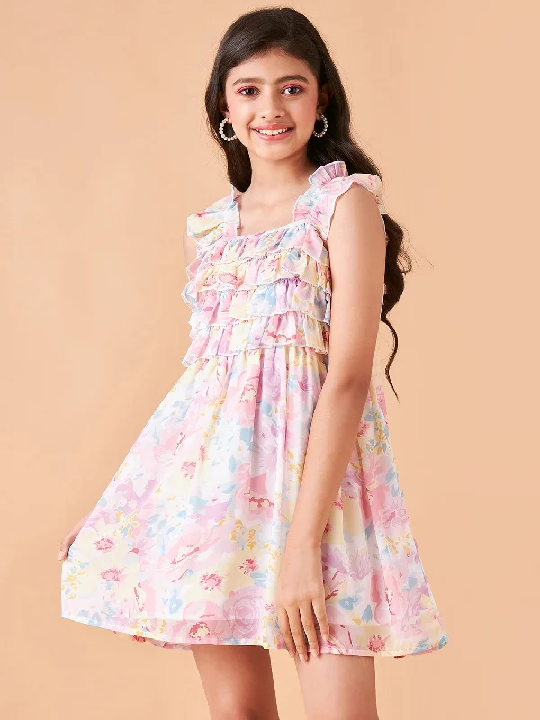 Girl's Multi Polyester Printed Dress - Cherry & Jerry Tunics Distressed trendy