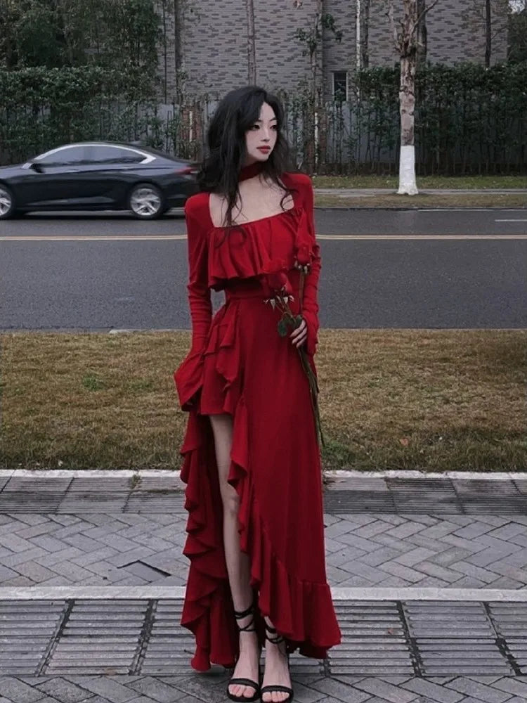 Bonnyshow Spring Women Elegant Long Slevee Midi Dress Female Red Square Collar Ruffle Party Dress Christmas Irregular Prom Dress Tunics Polka dots Bonnyshow Spring Women Elegant Long Slevee Midi Dress Female Red Square Collar Ruffle Party Dress Christmas Irregular Prom Dress Tunics Polka dots