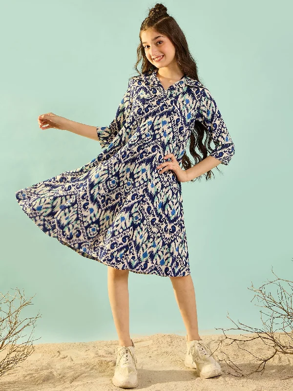 Girl's Blue Polyester Printed Dress - Cherry & Jerry Tunics Timeless classic
