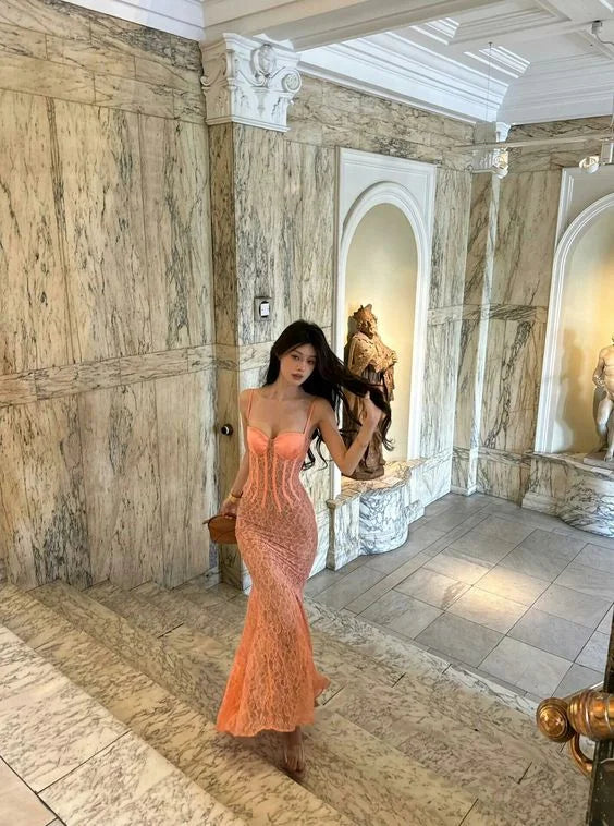 Sexy Spaghetti Straps Sheath Mermaid Lace Long Party Dress Birthday Outfits, D255 Peplum Ruffle Cocktail