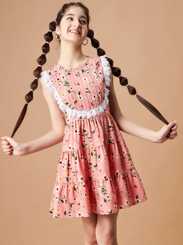 Girl's Peach Polyester Printed Dress - Cherry & Jerry Tunics Yoga stretchy