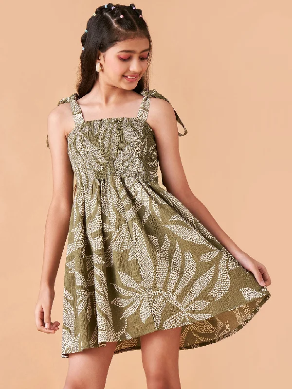Girl's Olive Polyester Printed Dress - Cherry & Jerry Tunics Fashionable chic