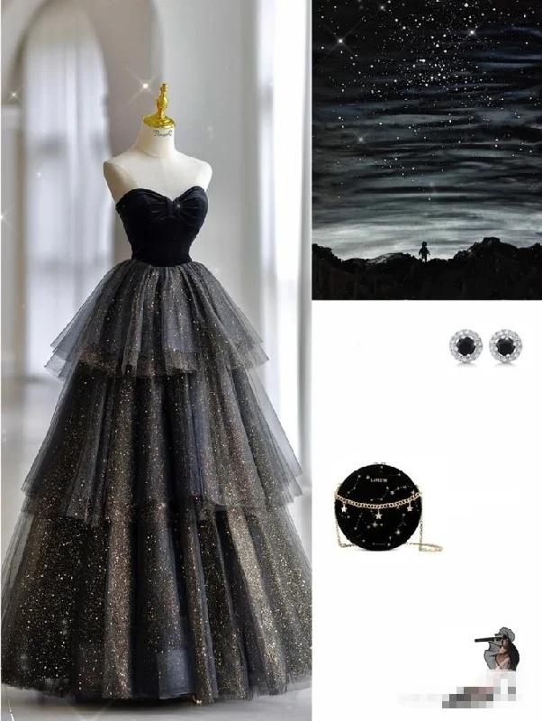 Shiny Black Sweetheart A-Line Tulle Long Formal Party Dress Evening Gown MD7534 Halter Neckline Beach