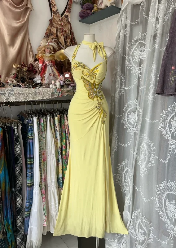Yellow Halter Sequins Beading Vintage Long Prom Dress Formal Party Dress, D328 Tunics Ceremony elegant Yellow Halter Sequins Beading Vintage Long Prom Dress Formal Party Dress, D328 Tunics Ceremony elegant
