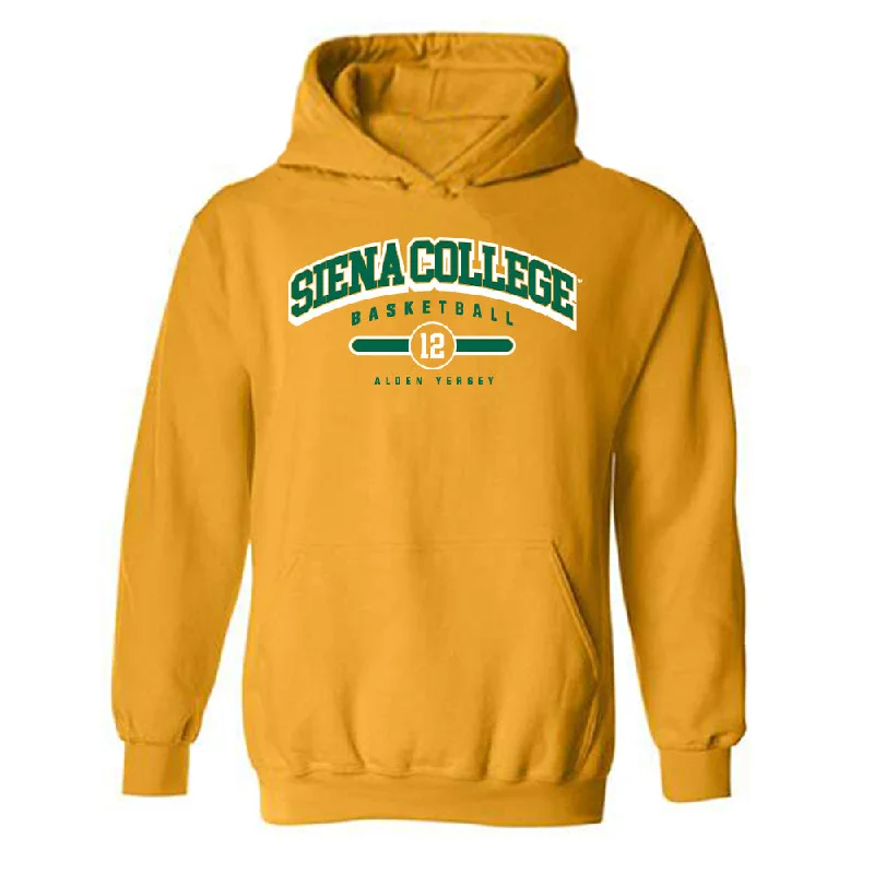 Siena - NCAA Women's Basketball : Alden Yergey - Classic Fashion Shersey Hooded Sweatshirt Hoodie with Pastel Soft Subtle Siena - NCAA Women's Basketball : Alden Yergey - Classic Fashion Shersey Hooded Sweatshirt Hoodie with Pastel Soft Subtle