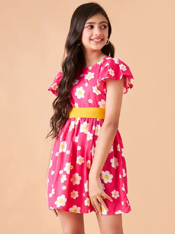 Girl's Pink Polyester Printed Dress - Cherry & Jerry Shift Classic Vintage