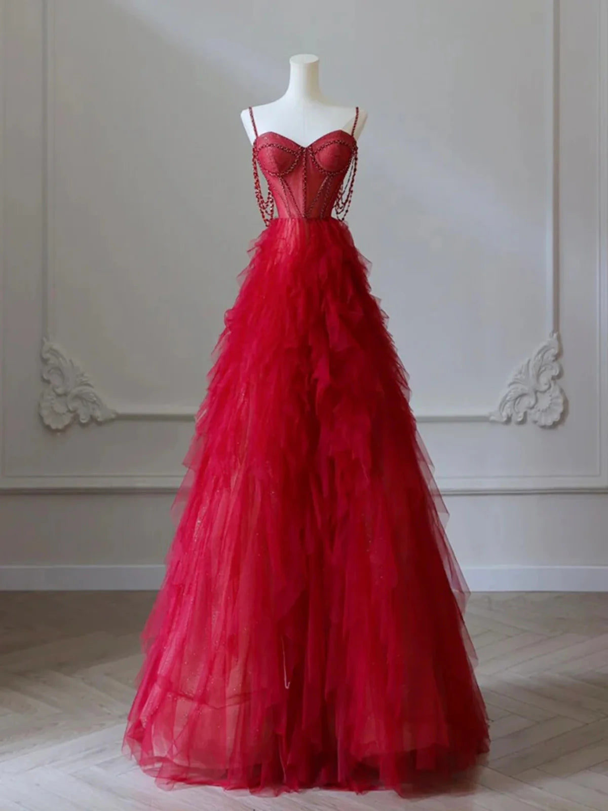 Red Sweetheart Tulle Layers Straps Prom Dress, Red Long Party Dress MD7617 Tunics Designer luxury