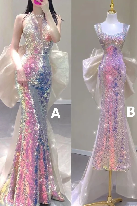 Shiny Pink Sequins Mermaid Long Formal Party Dress Evening Gown MD7477 Tunics Print Colorful