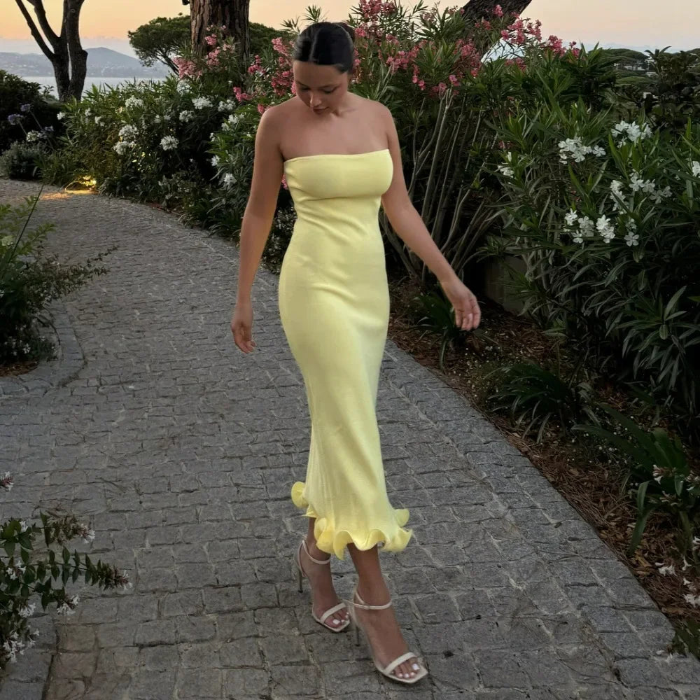 Bonnyshow Yellow Knitted Strapless Dress Women Elegant Sleeveless Slim Maxi Beach Holiday Dresses Summer Sexy Backless Ruffle Party Dress Tunics Evening elegant Bonnyshow Yellow Knitted Strapless Dress Women Elegant Sleeveless Slim Maxi Beach Holiday Dresses Summer Sexy Backless Ruffle Party Dress Tunics Evening elegant