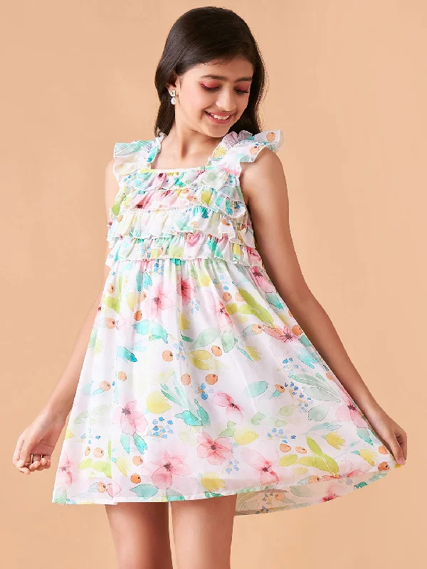 Girl's White Polyester Printed Dress - Cherry & Jerry Tunics Luxurious high-end